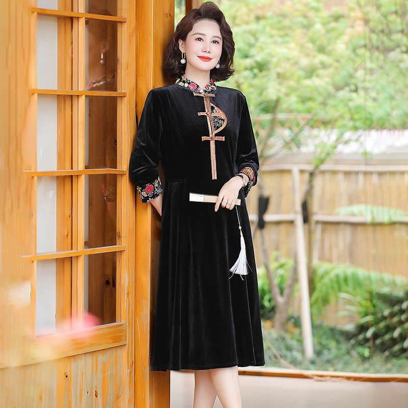 チャイナ服  チャイナカラー ベルベット ワンピース