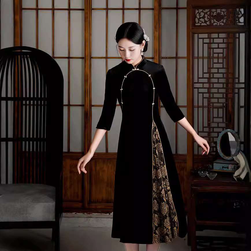 チャイナ服 優雅な花柄スリットチャイナドレス