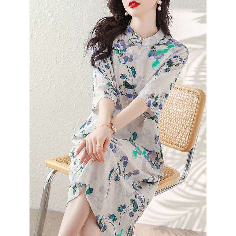 チャイナ服  涼感フラワーシフォンワンピース