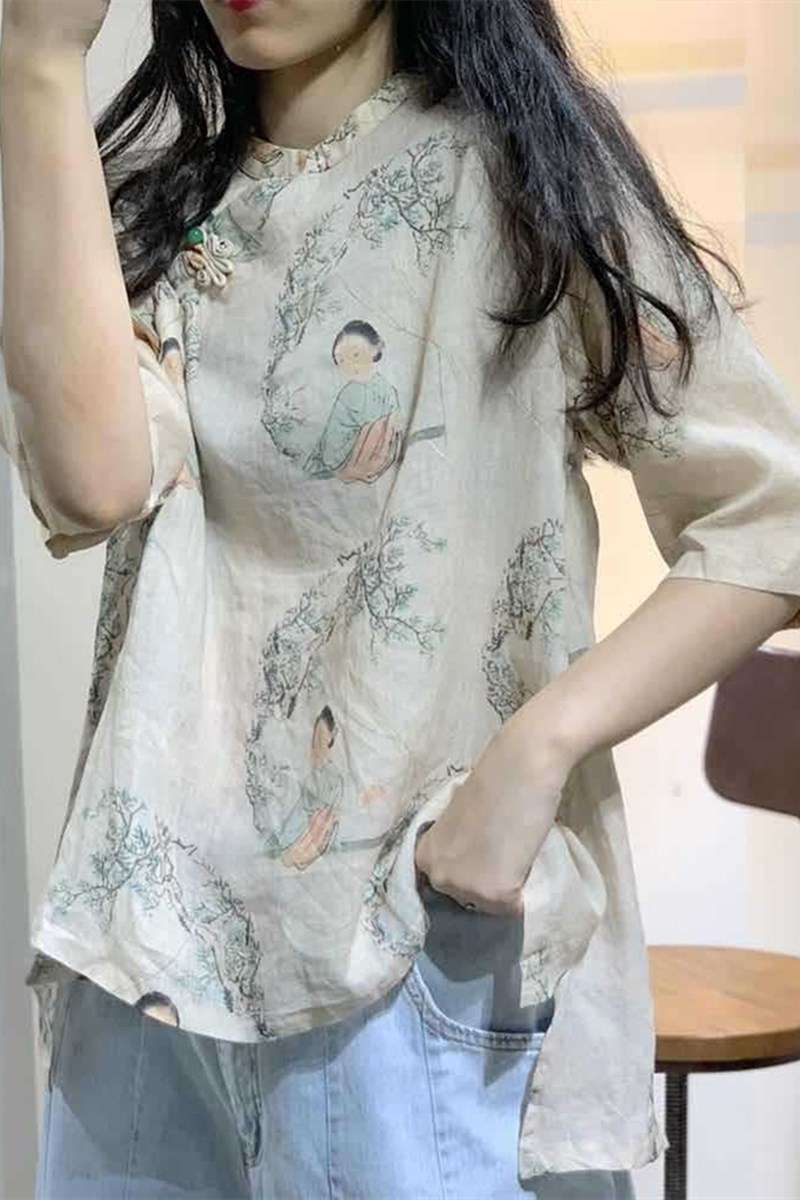 チャイナ服  伝統美人画プリント チャイナシャツ
