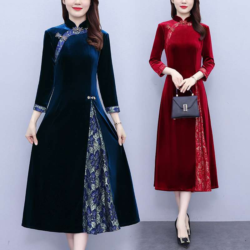 チャイナ服 チャイナカラー ベロア ワンピース