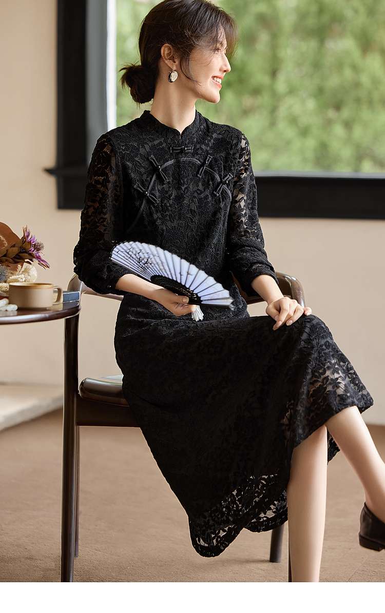 総レース仕立て七分袖チャイナ風ワンピース