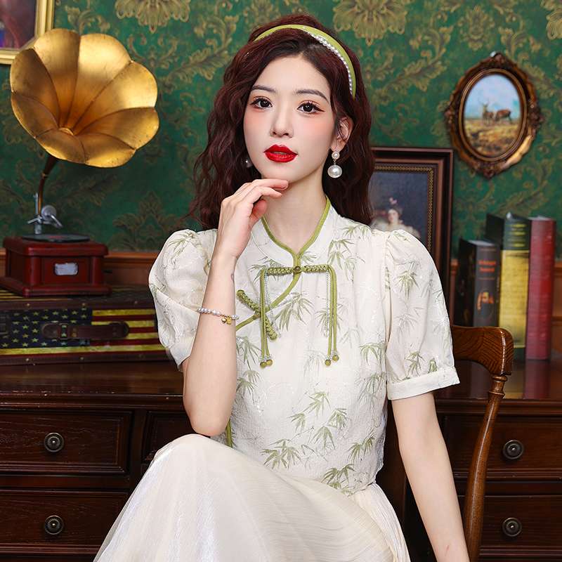 チャイナ服  竹柄刺繍チャイナトップス
