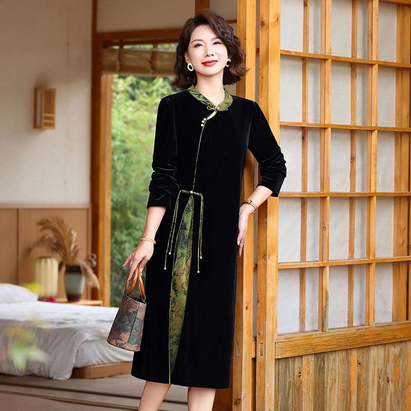 チャイナ服 優雅な東洋風ベルベットワンピース