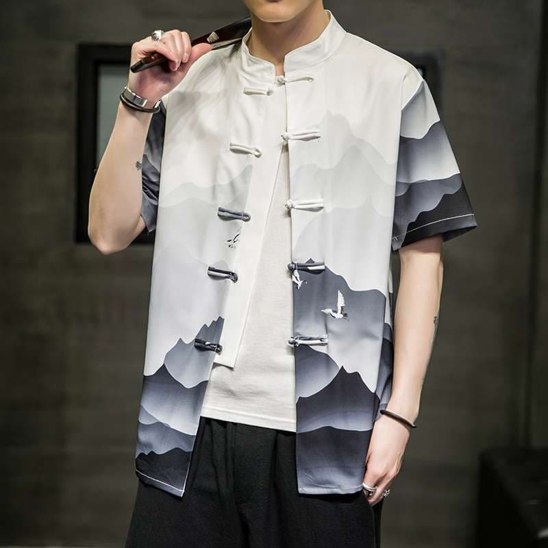 チャイナ服  風景画プリント チャイナ風シャツ