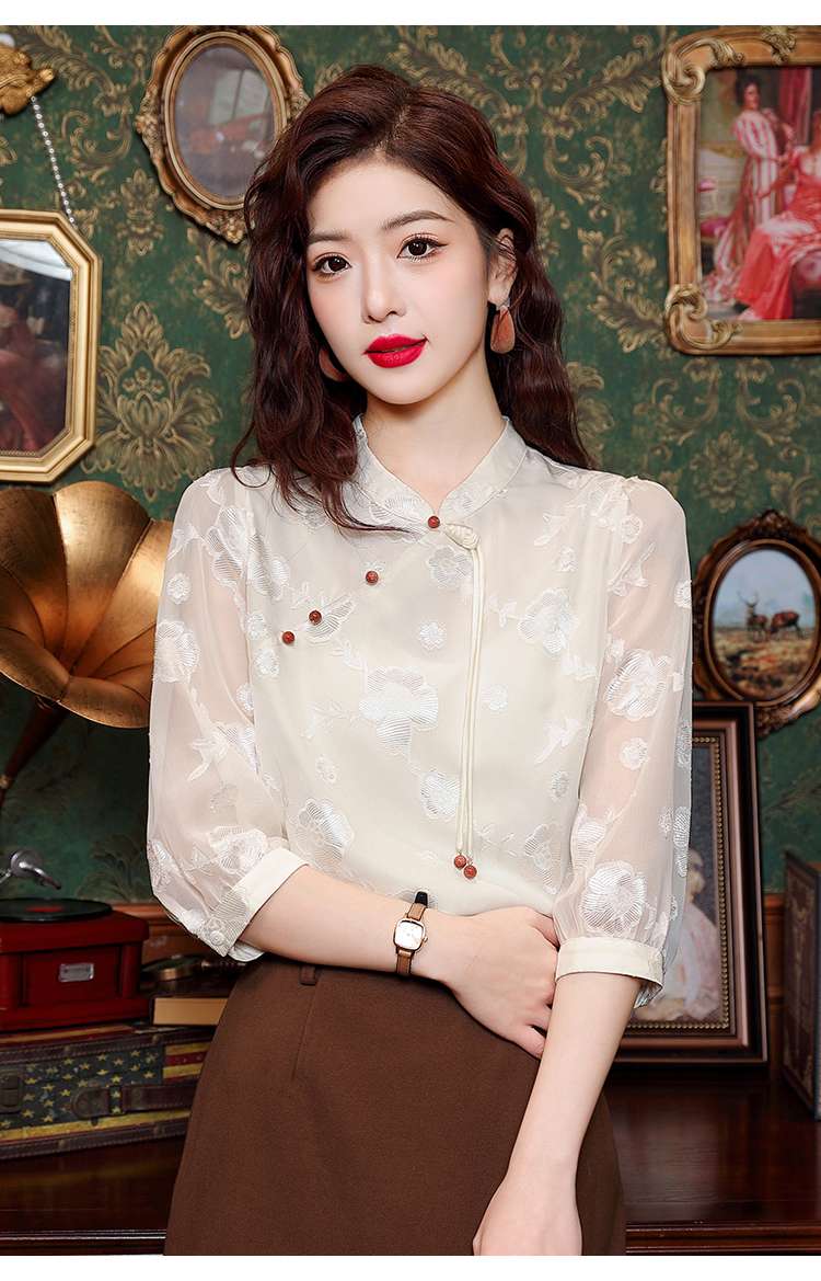 チャイナ服  花柄刺繍チャイナ風シフォンブラウス