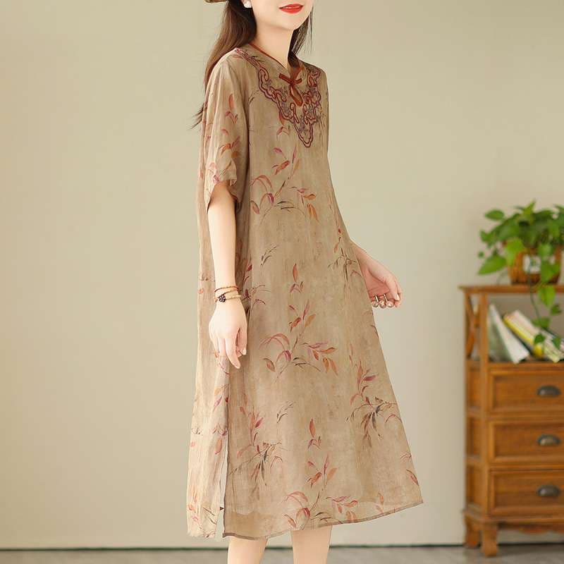 チャイナ服  花柄刺繍チャイナカラーリネンワンピース