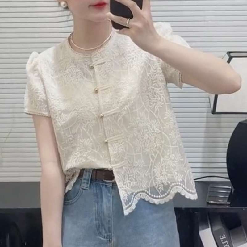 チャイナ服  レース刺繍チャイナ風半袖ブラウス