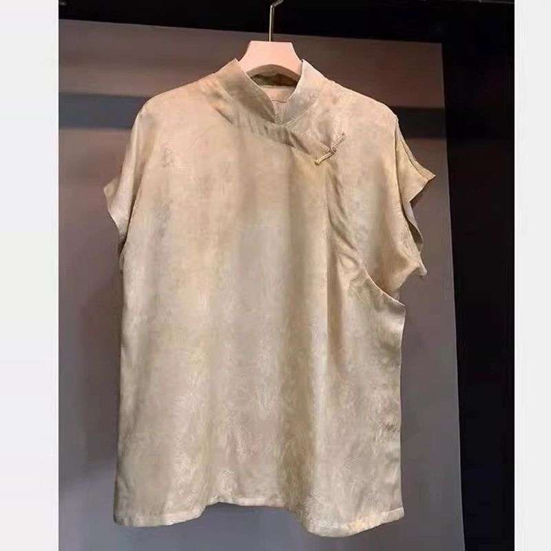 チャイナ服  刺繍入りチャイナカラー半袖ブラウス