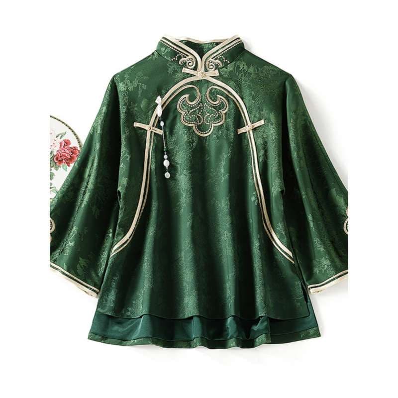 チャイナ服 唐草模様刺繍入り立襟チャイナブラウス