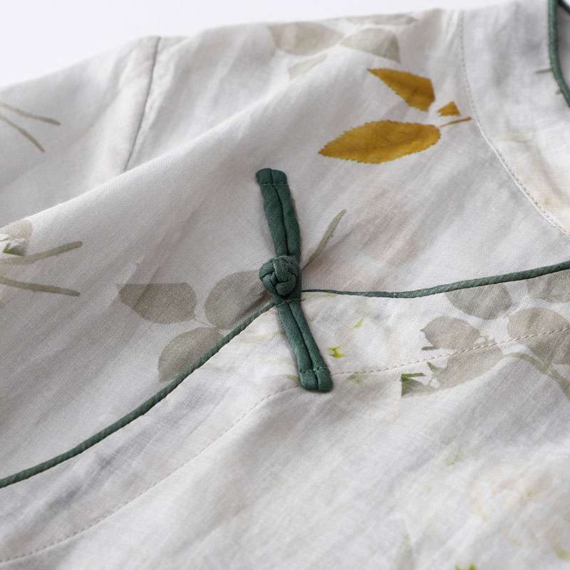 チャイナ服  涼やか草花柄チャイナカラーワンピース