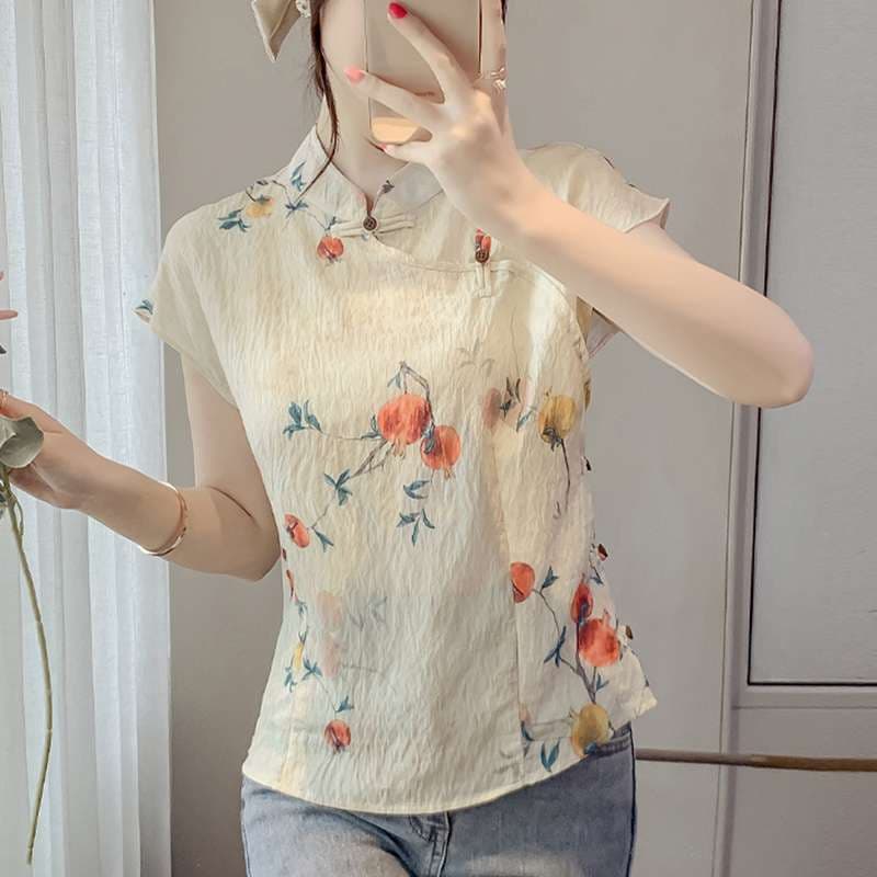 チャイナ服  花柄チャイナカラー半袖ブラウス