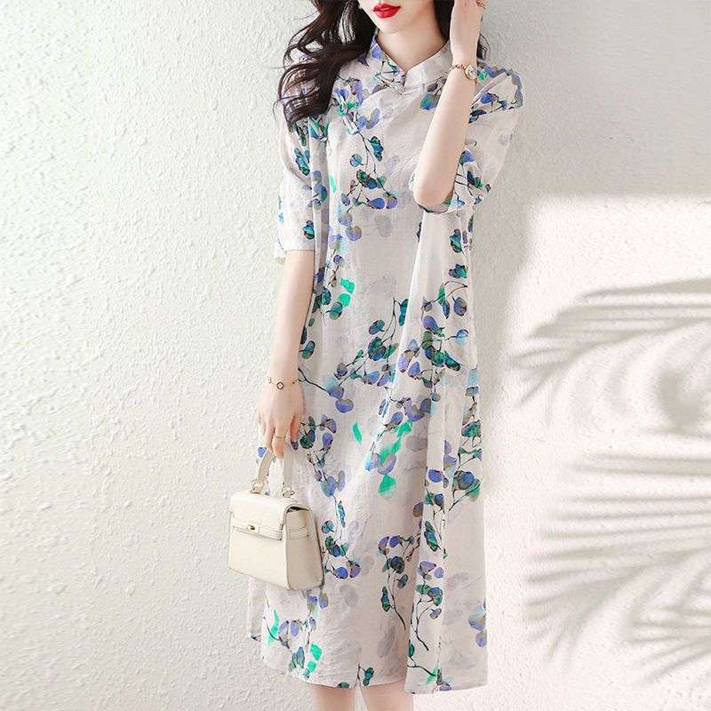 チャイナ服  涼感フラワーシフォンワンピース