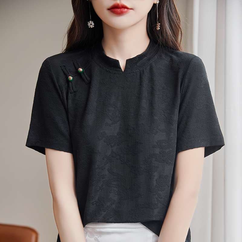 チャイナ服  チャイナ風刺繍入り半袖ブラウス