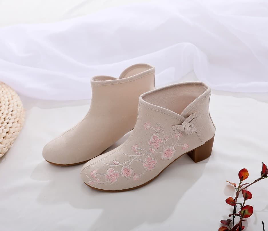 チャイナ服 花刺繍チャイナ風ショートブーツ太めヒール