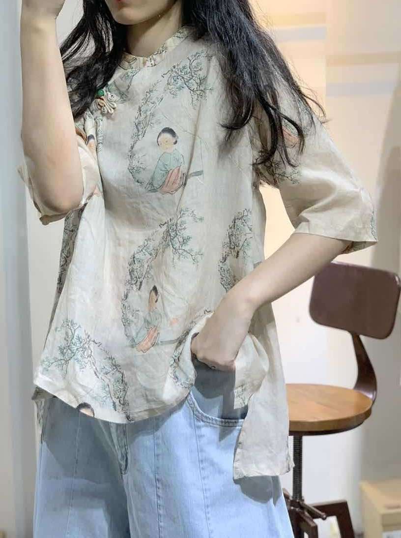 チャイナ服  伝統美人画プリント チャイナシャツ