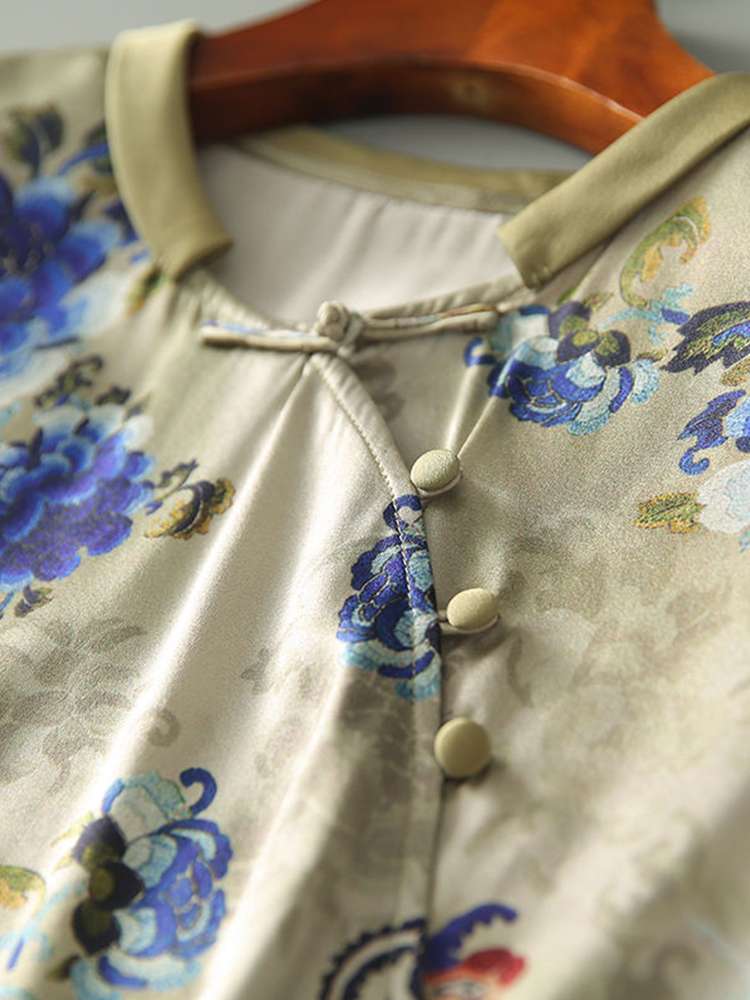 チャイナ服  花鳥模様チャイナカラー半袖ブラウス