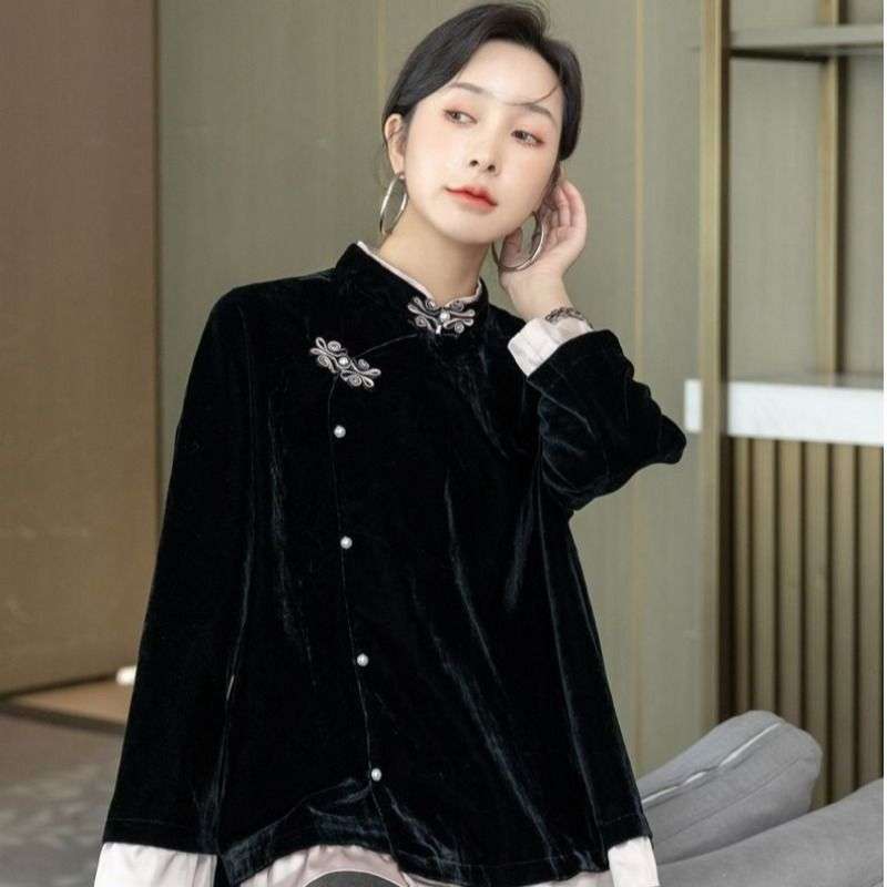 チャイナ服 中華風ベルベットチャイナカラーブラウス