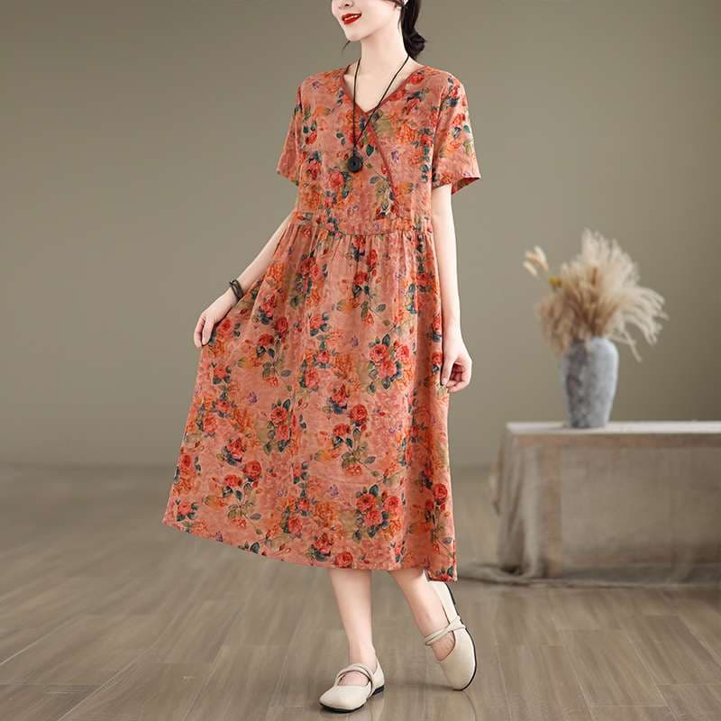 チャイナ服  花柄プリント リラックスワンピース