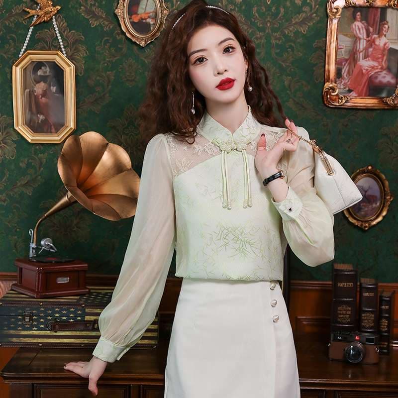 チャイナ服  レトロ調チャイナカラーレースブラウス