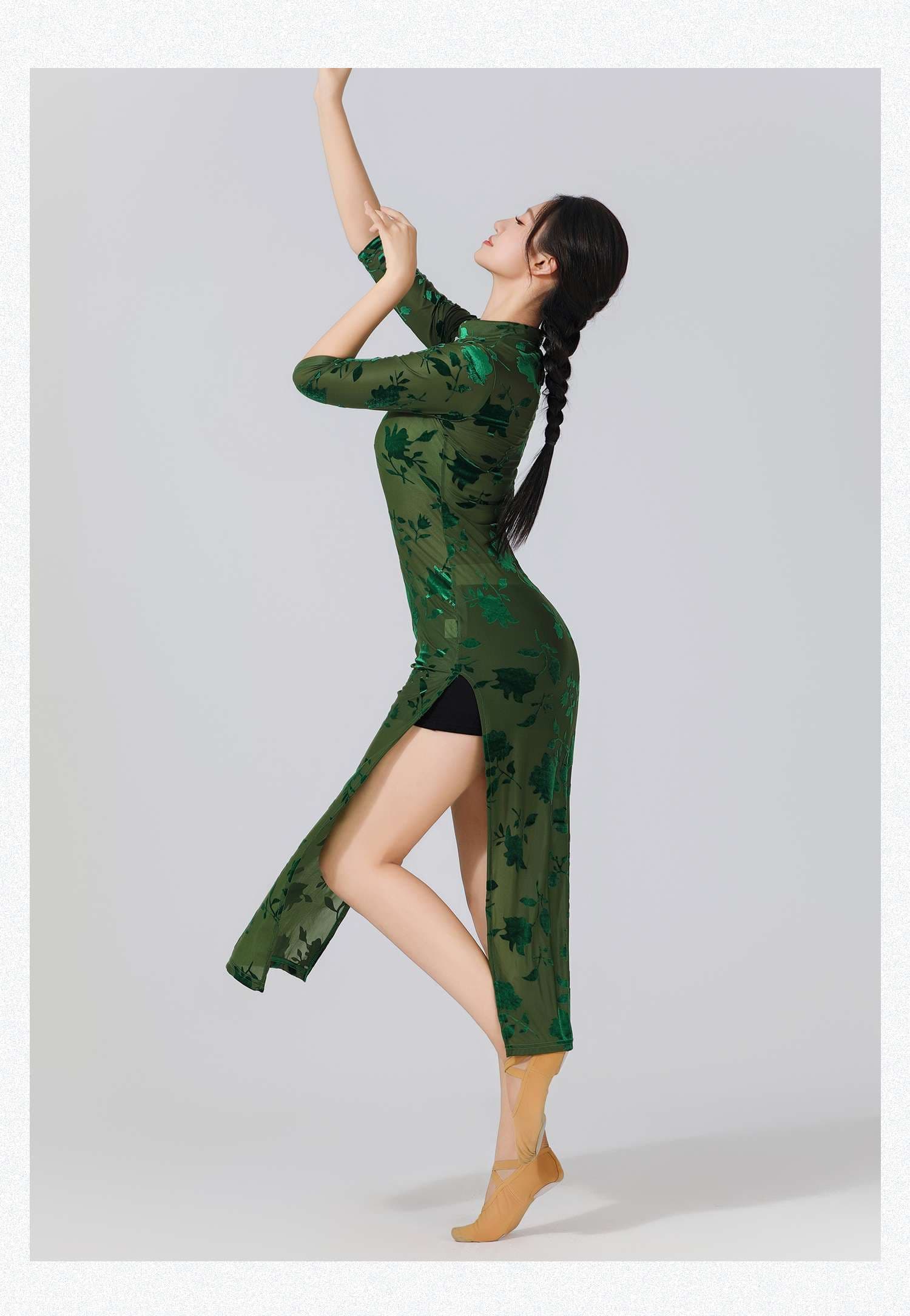 チャイナ服  花柄チャイナドレス ロング丈 スリット入り