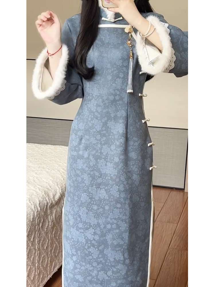 チャイナ服  モコモコ襟付きチャイナ風ワンピース