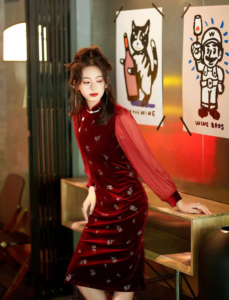 チャイナ服 花柄チャイナドレス風シースワンピース