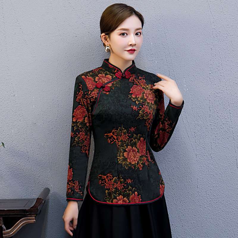 チャイナ服 花柄刺繍チャイナカラーブラウス