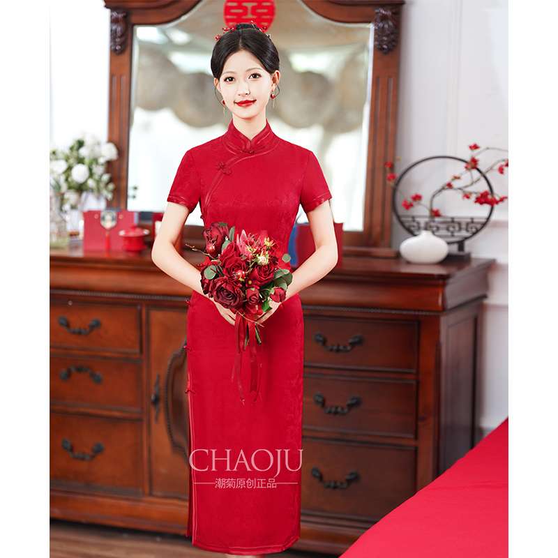 チャイナ服  花飾り付き伝統チャイナドレス