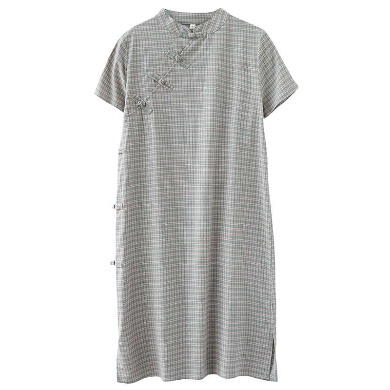 チャイナ服  チャイナ風チェック柄ゆったりワンピース