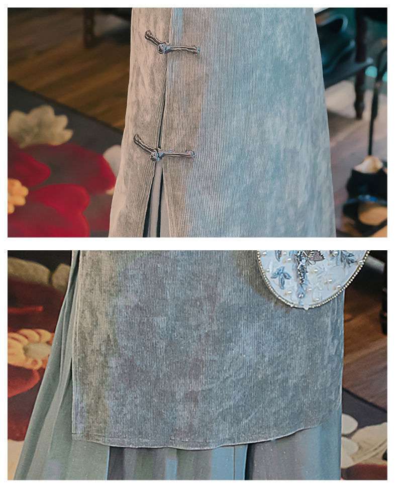 チャイナ服  刺繍入りチャイナカラーベルベットワンピース