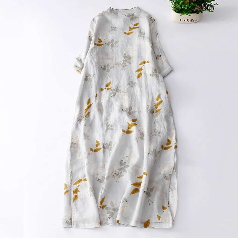 チャイナ服  涼やか草花柄チャイナカラーワンピース