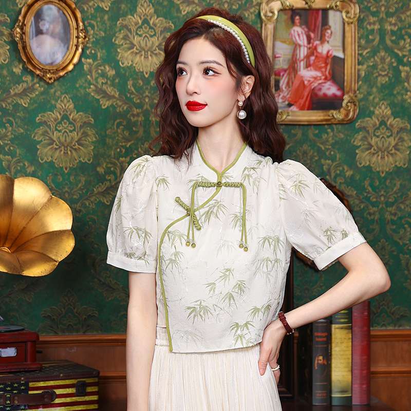 チャイナ服  竹柄刺繍チャイナトップス