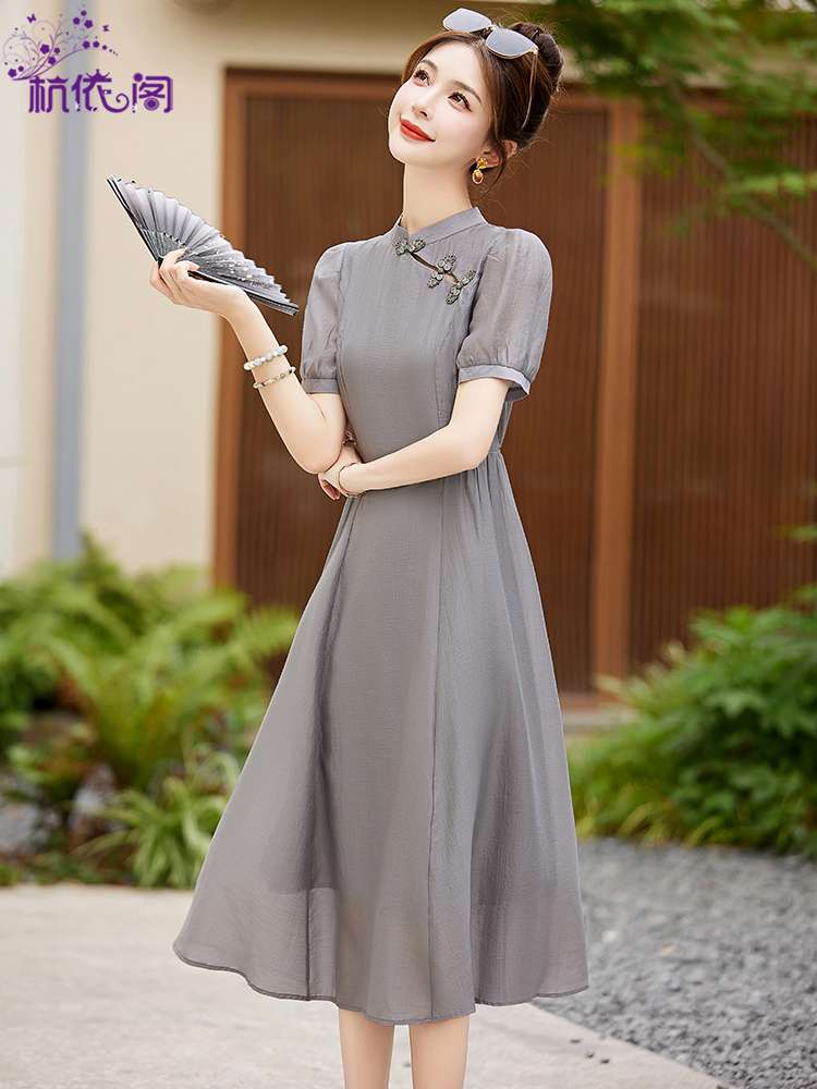 チャイナ服 パフ スリーブ シンプル ワンピース