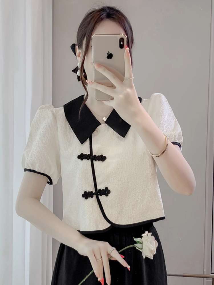 チャイナ服 襟付き モノトーン シンプル ブラウス