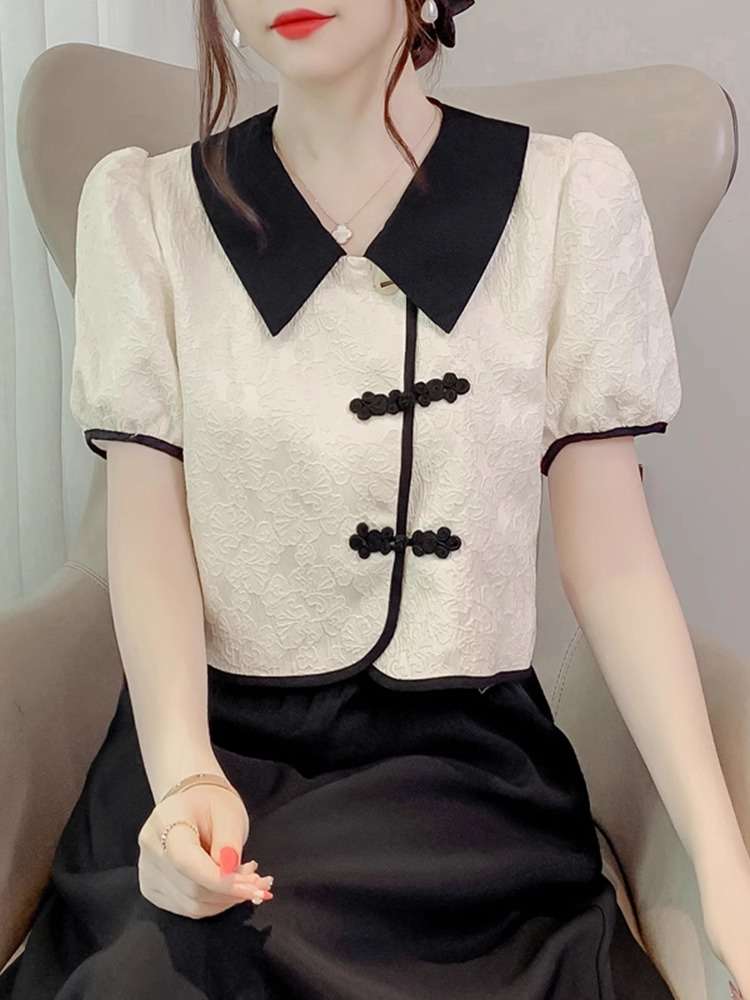 チャイナ服 襟付き モノトーン シンプル ブラウス