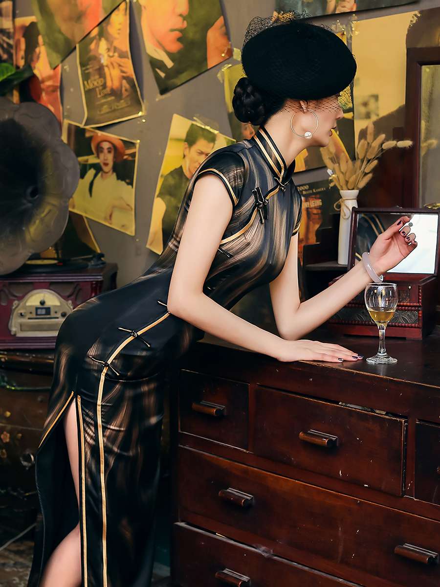 チャイナ服 セクシー ブラック ゴールド ドレス