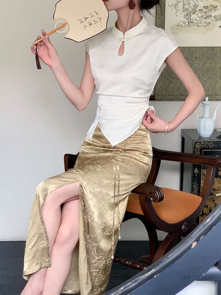 チャイナ服 ノースリーブ カッティング ブラウス