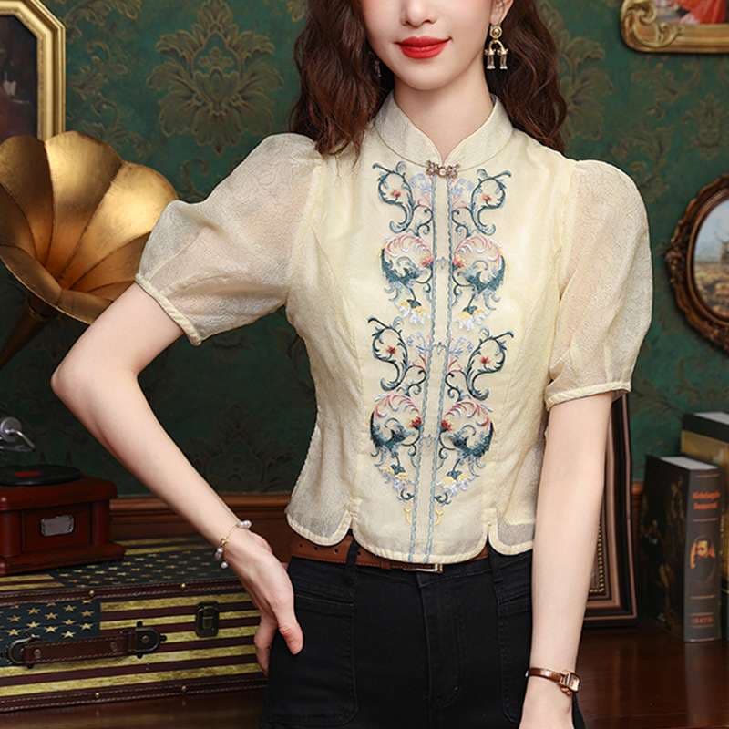 チャイナ服 刺繍 パフ スリーブ ブラウス