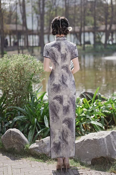 水墨山水柄スタンドカラー半袖ロングチャイナ服
