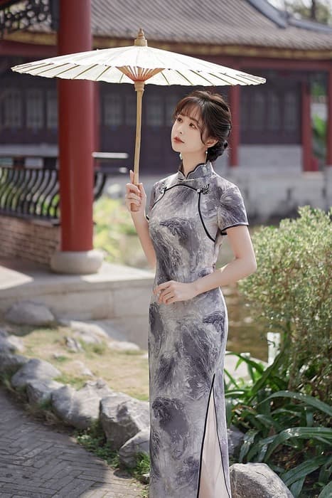 水墨山水柄スタンドカラー半袖ロングチャイナ服