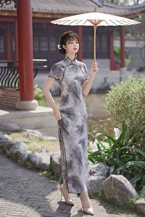 水墨山水柄スタンドカラー半袖ロングチャイナ服