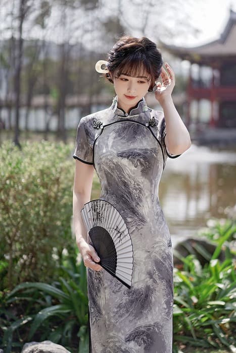水墨山水柄スタンドカラー半袖ロングチャイナ服