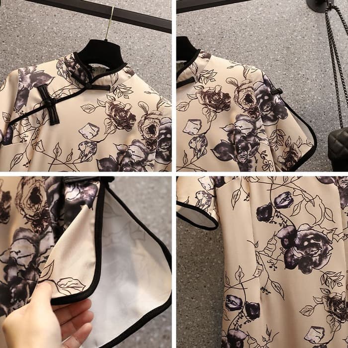 花柄刺繍チャイナボタン半袖ワンピース