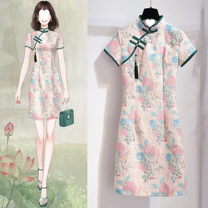 花柄刺繍入りチャイナボタン半袖旗袍ワンピース