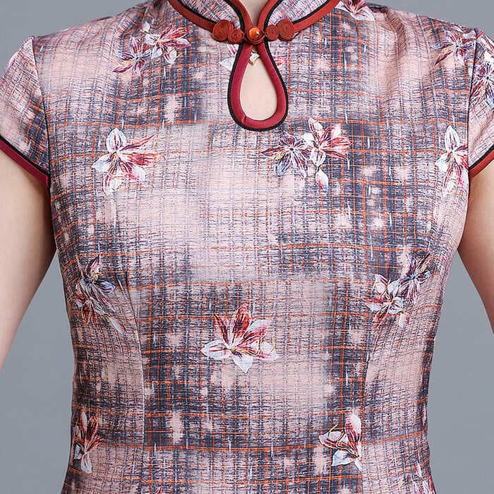 格子柄小花刺繍入り半袖チャイナ服ドレス