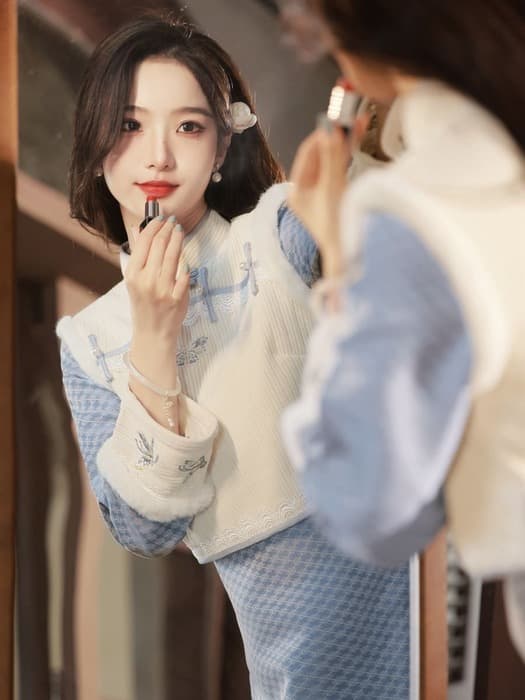 チャイナ服 青タイル柄チャイナセットアップ