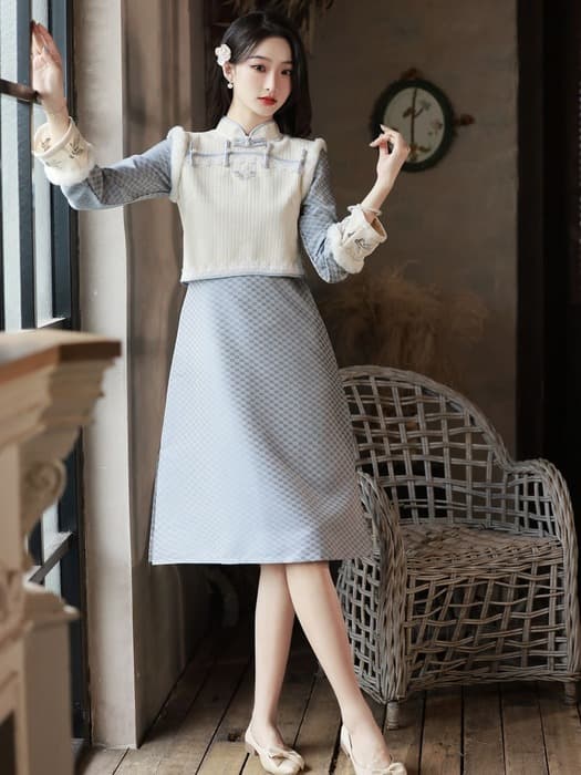 チャイナ服 青タイル柄チャイナセットアップ