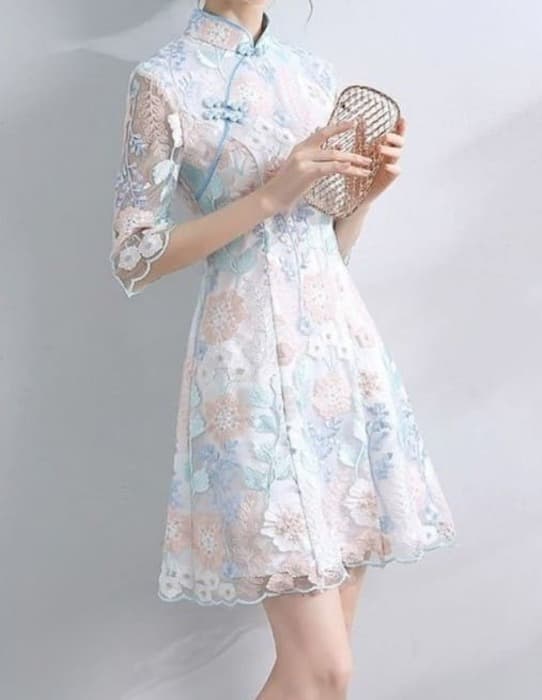チャイナ服 透け感 膝上レース チャイナワンピース