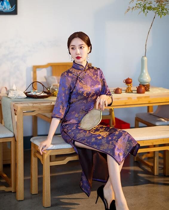 チャイナ服 シルク 七分袖 チャイナドレス